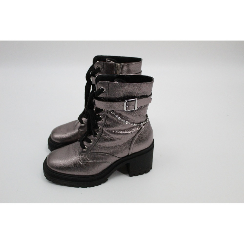 Metallic Pewter Rhinestone Chain Combat Boots Women 8 Punk Biker Glam Whimsigoth